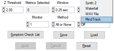 Screenshot of NeuroGuide's Sound menu with MindTrack selected
